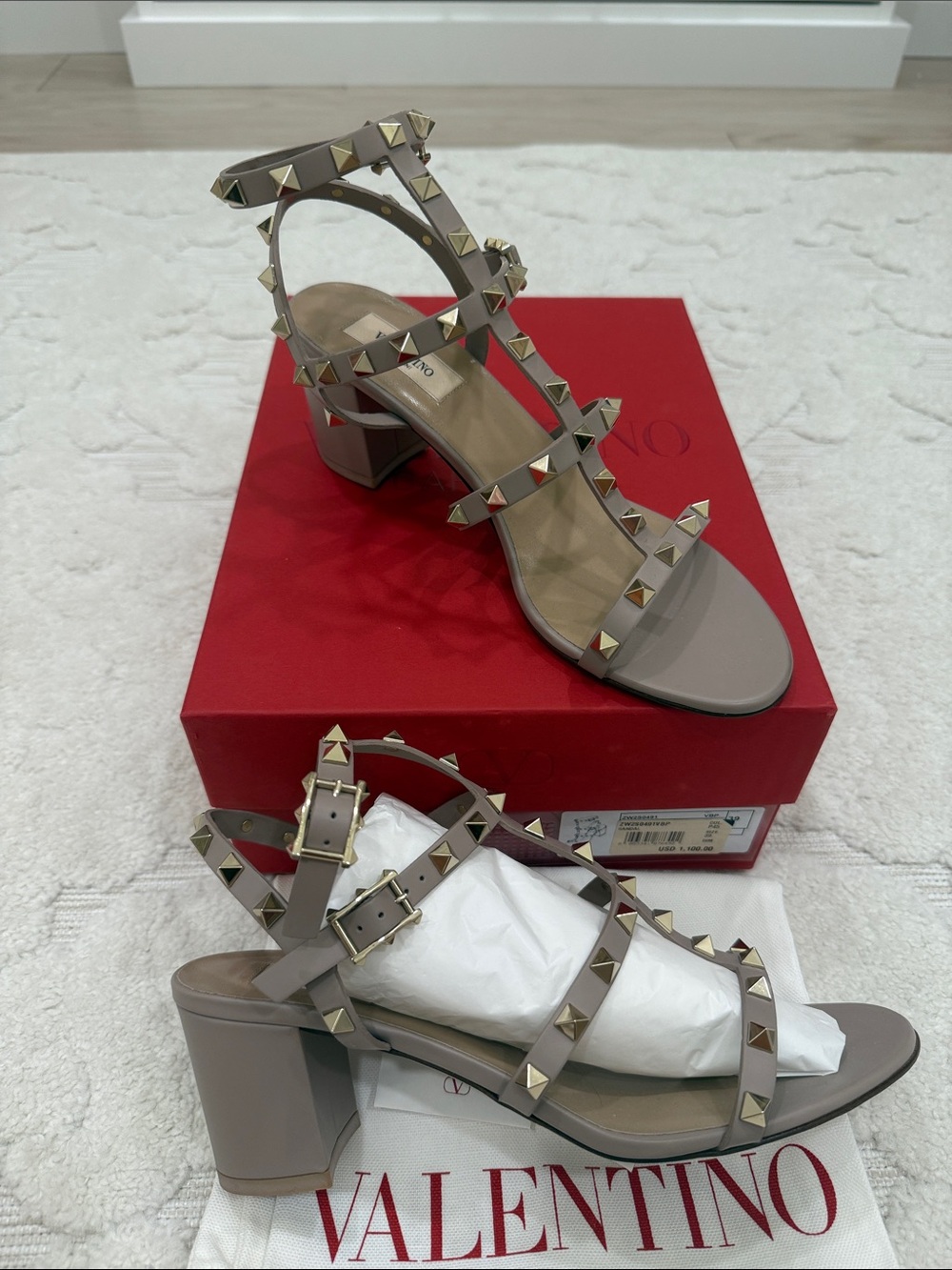 Valentino Garavani Taupe Women's Rockstud City Block Heel Sandals NEW IN BOX